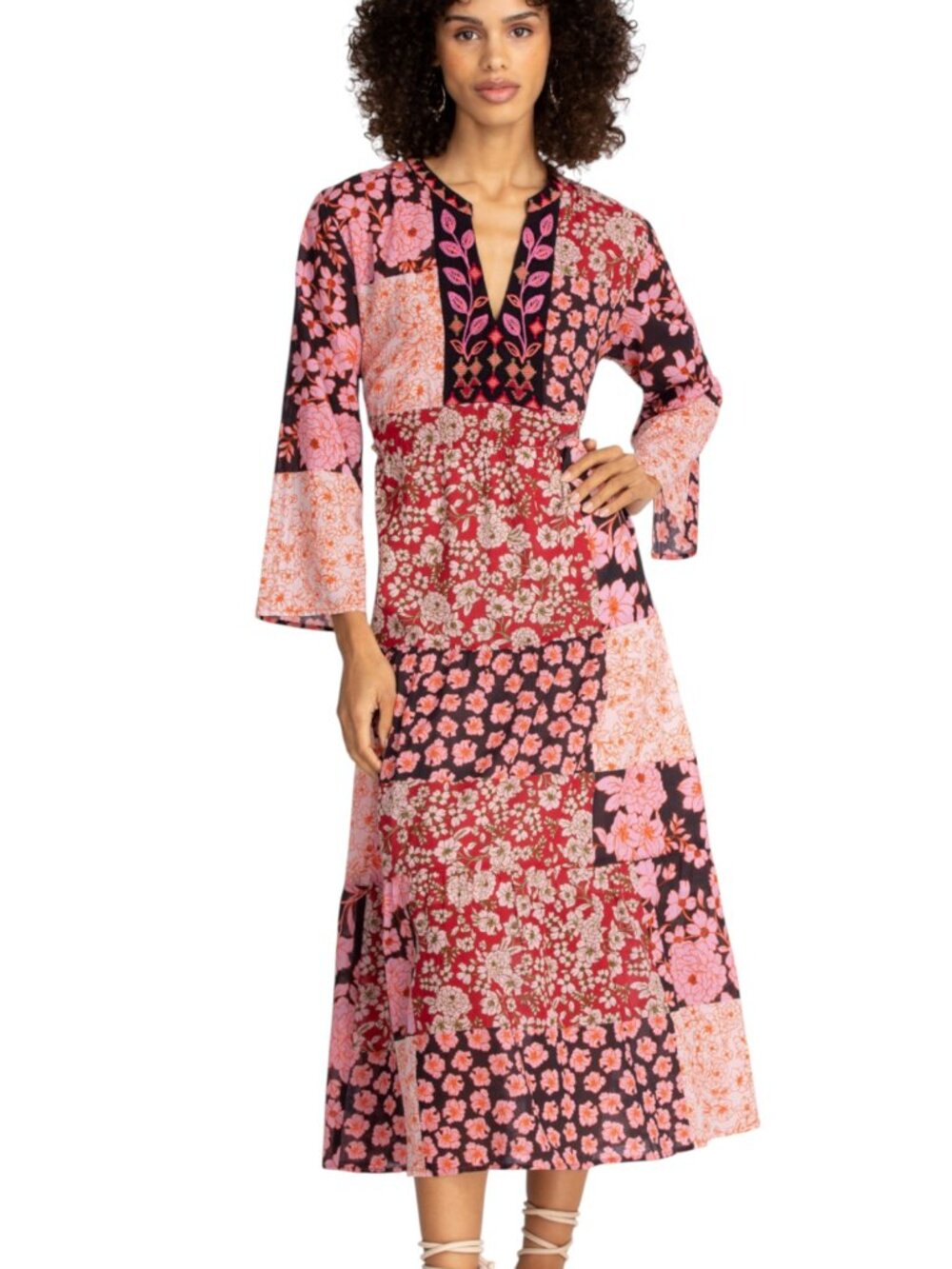 JOHNNY WAS WORKSHOP DRESS BOHO PATCHWORK ARTISAN MIDI  BLOOMCORE RESORT LRG